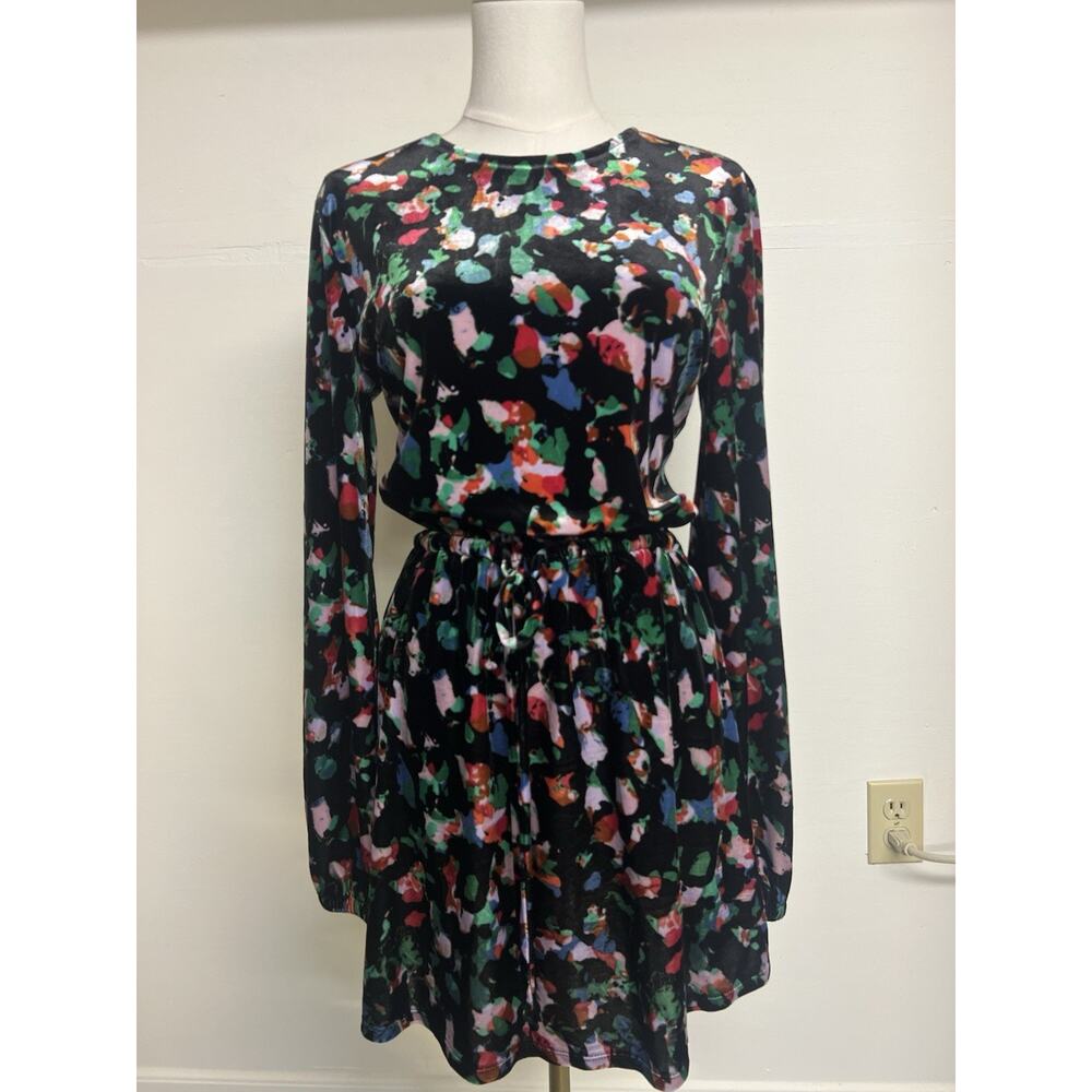 Open Edit Fit & Flare Velvet Dress Side Pockets Black Floral Open Back Size S